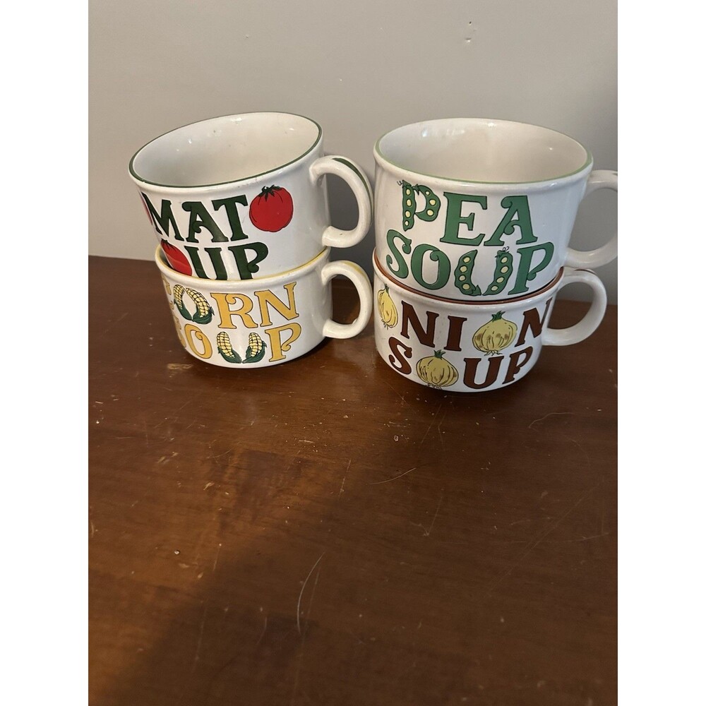 Vintage Mugs Bowls with Handles Tomato Onion Corn Pea Soup Ceramic 1970s